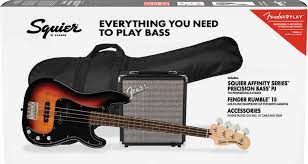 [825912723102] Affinity Series™ Precision Bass® PJ
Pack, Laurel Fingerboard, 3-Color Sunburst, Gig Bag,
Rumble 15